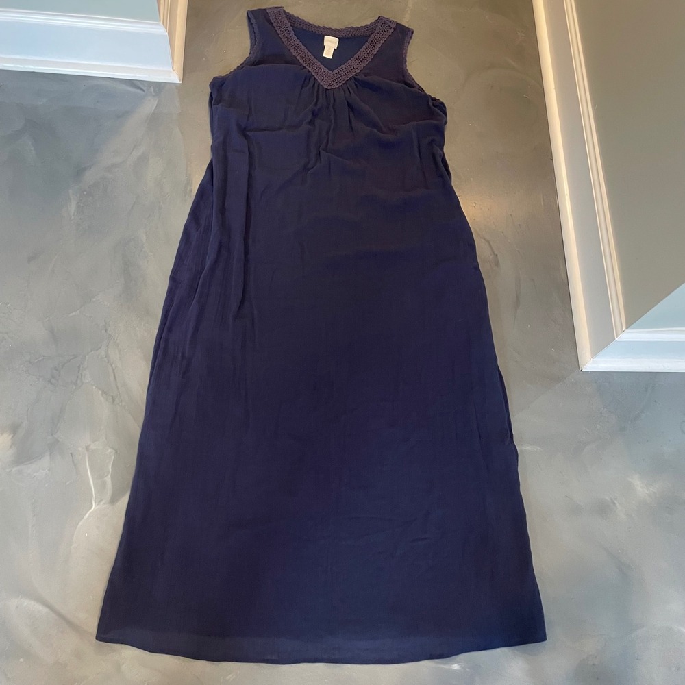Chico's Crinkle Gauze Guilana Maxi Dress Size 3 XL Midnight Blue Beaded V-Neck - Picture 2 of 7